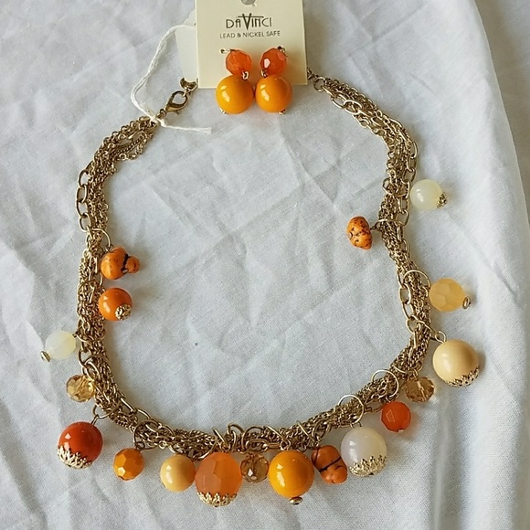 PEACH FACETED LUCITE DROP SILVER TONE LINK BUBBLE NECKLACE EARRING SET